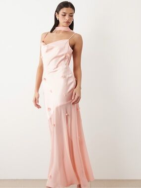 Elegant Blush Pink Slip Gown with Floral Appliqué